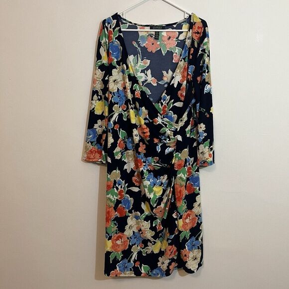 Ralph Lauren 1X Dress XL Navy Blue Floral Deep V Neck Stretch Bright Dopamine - Picture 1 of 6